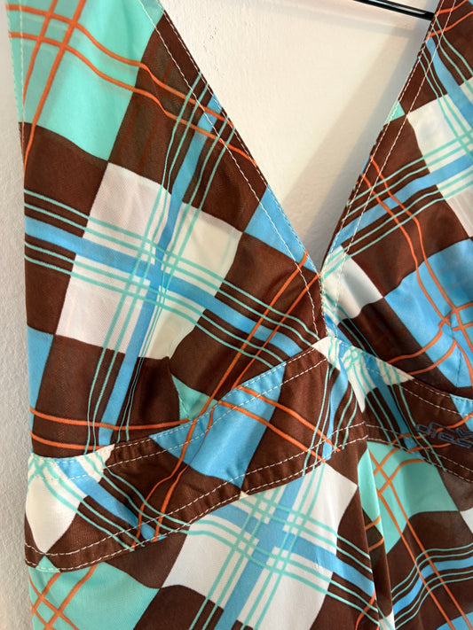 Rare True Vintage Diesel Blue and Brown Check Print Nylon Halter Dress