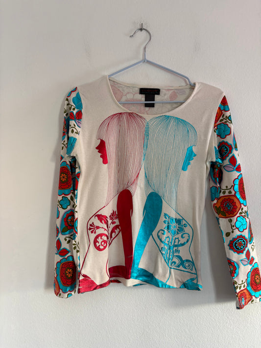 Custo Barcelona y2k Long Sleeve Cotton Top with Metallic Twins