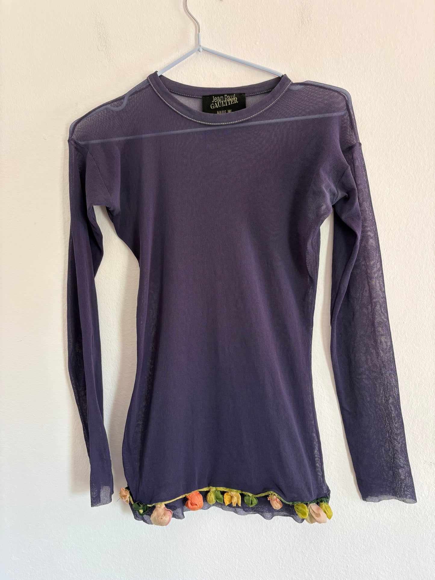 Extremely Rare Jean Paul Gaultier Maille Runway Purple Mesh Top with Floral Hem