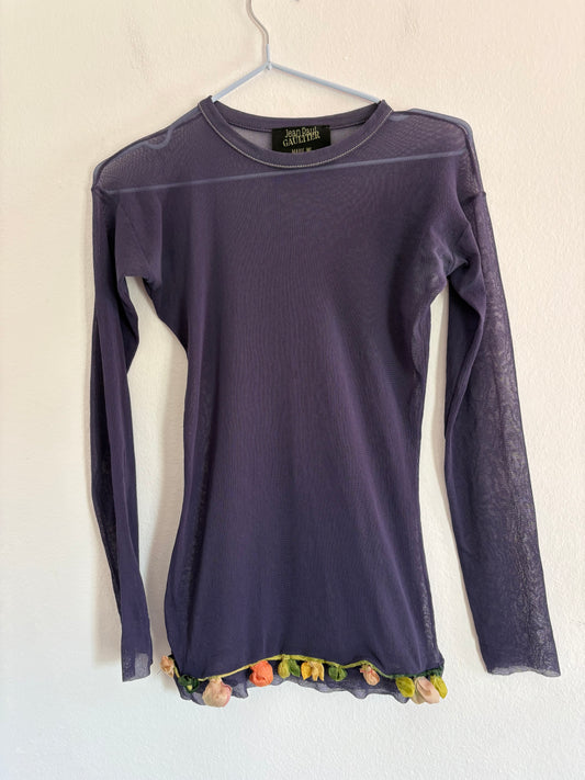 Extremely Rare Jean Paul Gaultier Maille Runway Purple Mesh Top with Floral Hem