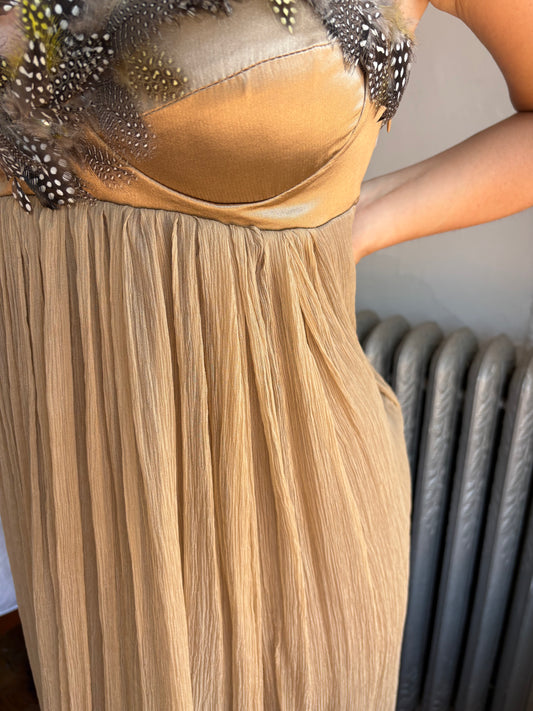 Jeff Gallano y2k silk bustier dress with feather trim