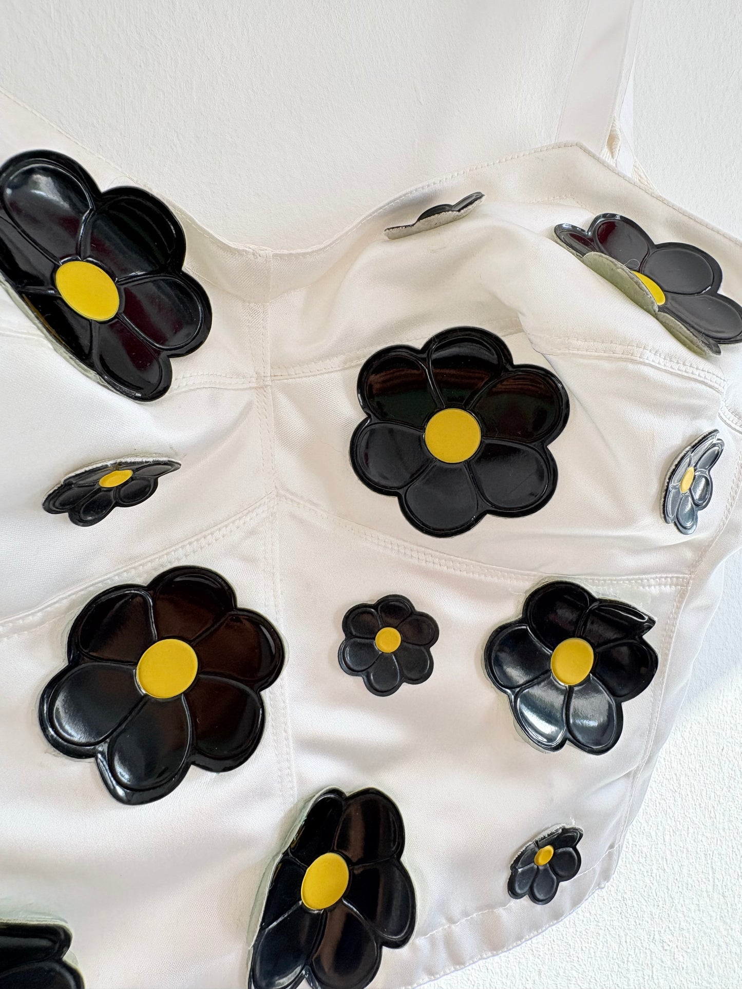 Rare 1980s Claudia Matano White Bustier Top With Black Patent Leather Flowers