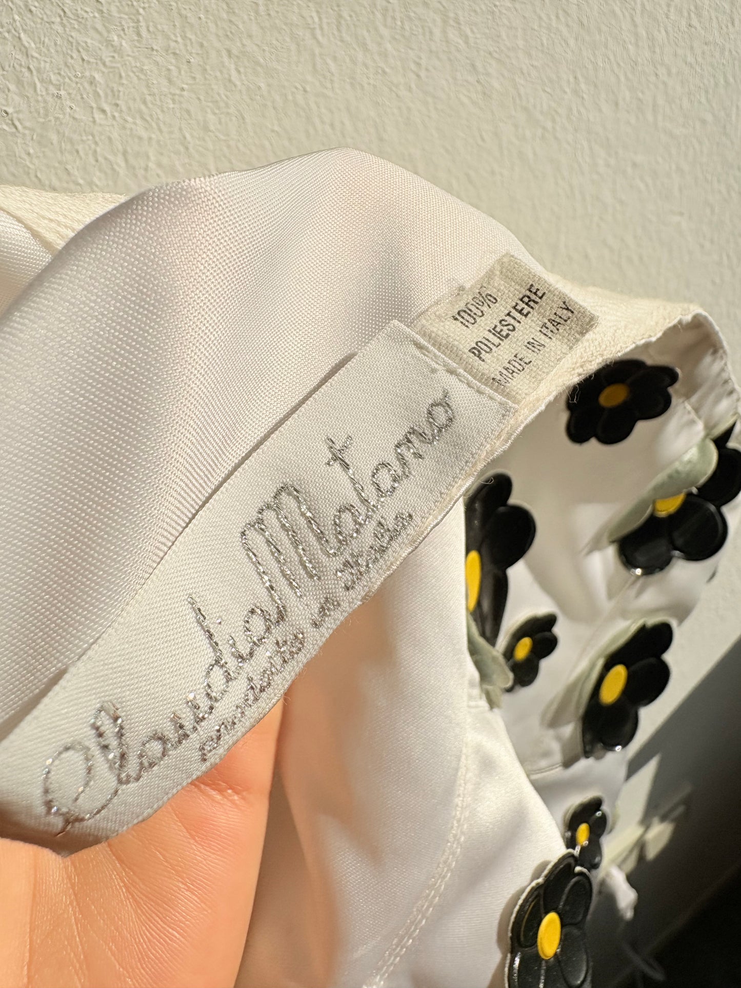 Rare 1980s Claudia Matano White Bustier Top With Black Patent Leather Flowers