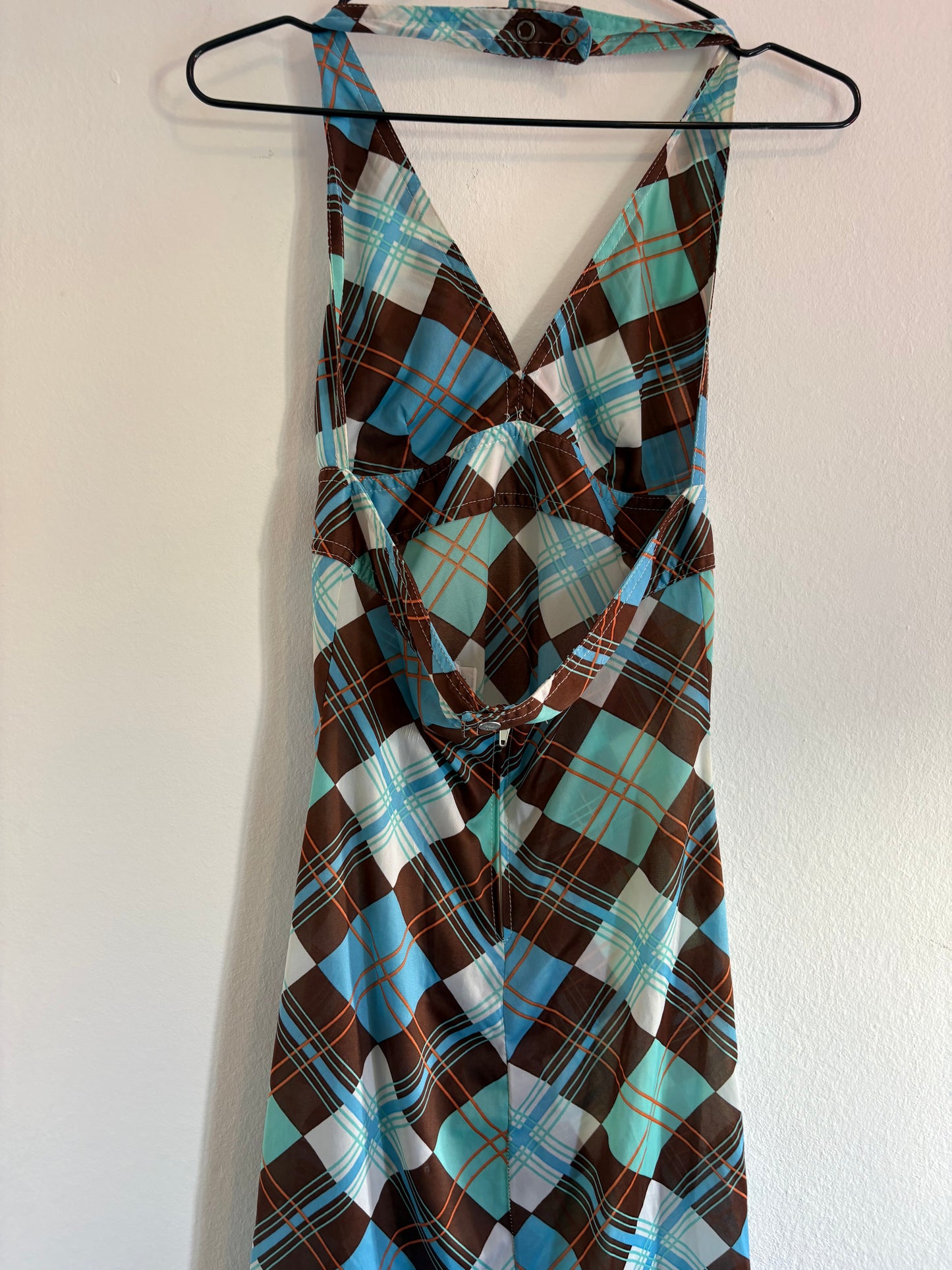 Rare True Vintage Diesel Blue and Brown Check Print Nylon Halter Dress