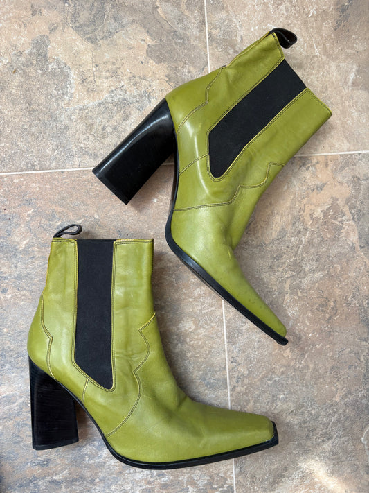 Rare 90s Plein Sud Avocado Green Western Chelsea Boots Size 40