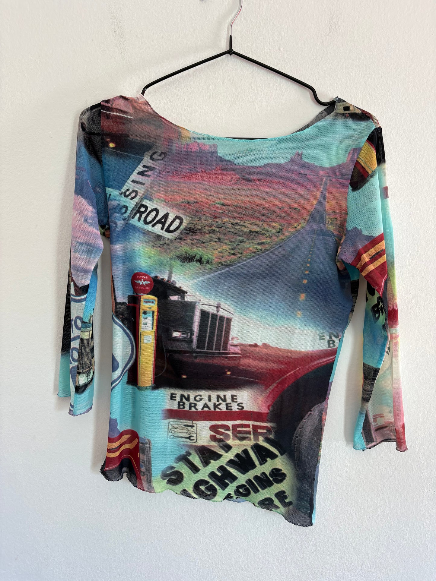 Rare Y2K Amuleti Mesh Top With Roadtrip Motif