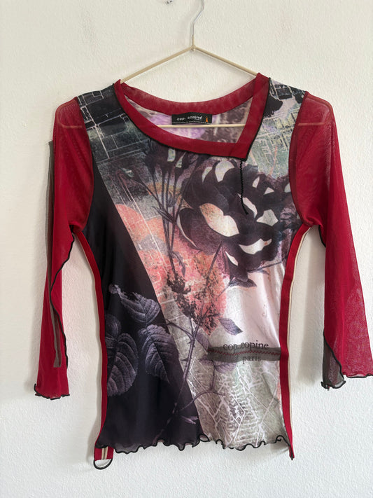 Vintage Cop Copine Mesh 3/4 Sleeve Top with Floral Design