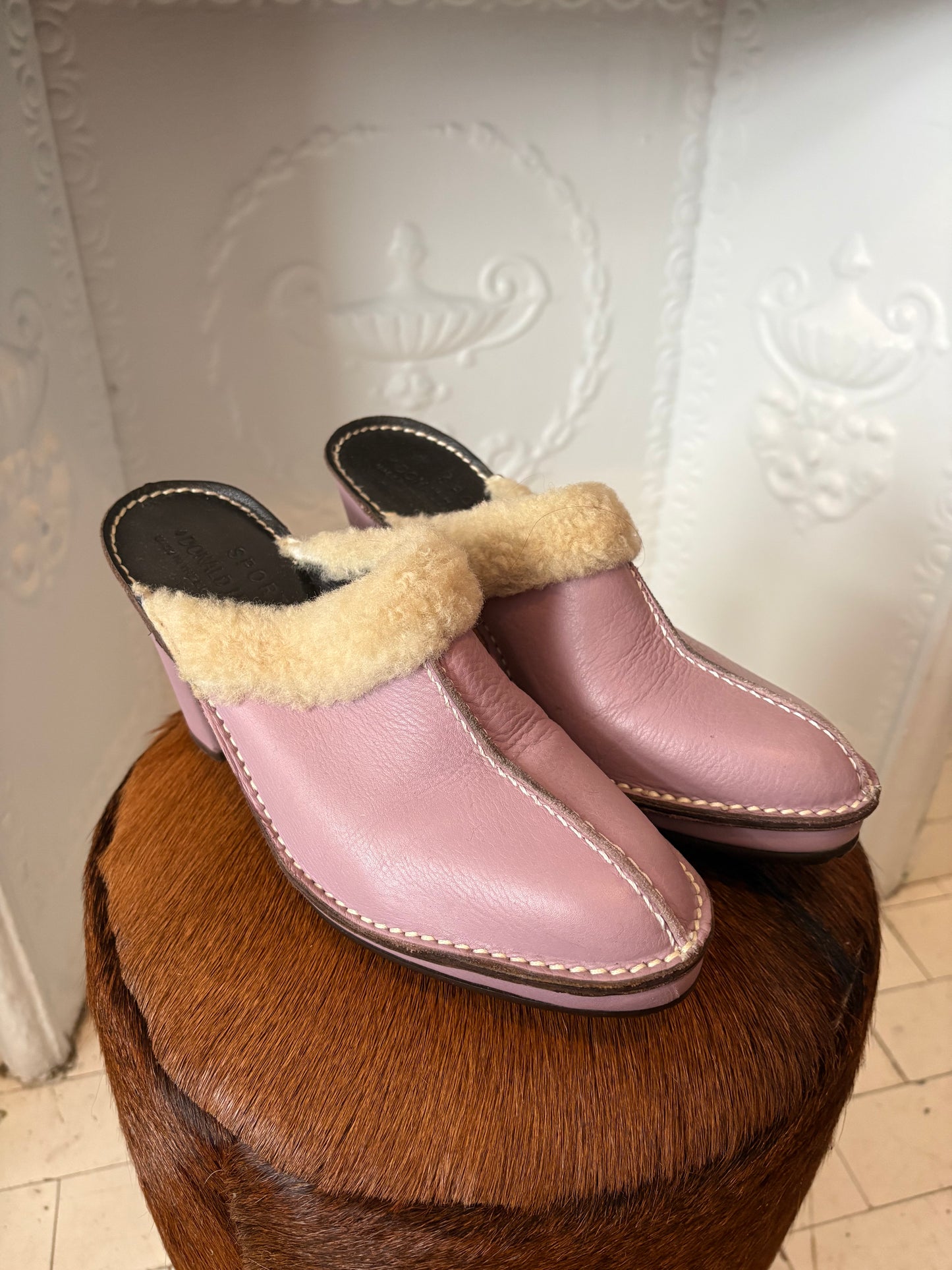 Vintage 90s Donald J Pliner Sport Lavender Leather & Shearling Mules – Made in Italy – Size 9