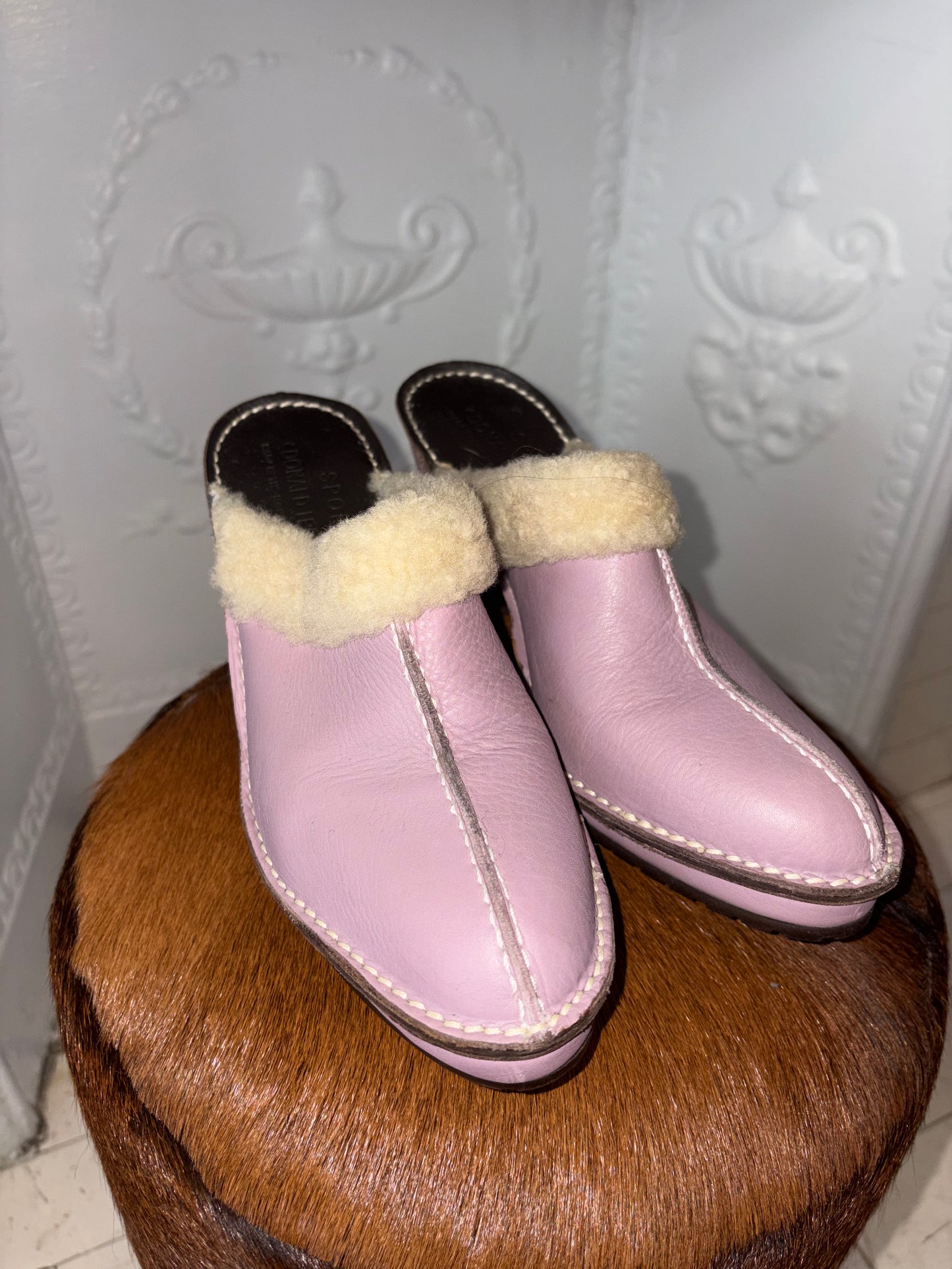 Vintage 90s Donald J Pliner Sport Lavender Leather & Shearling Mules – Made in Italy – Size 9