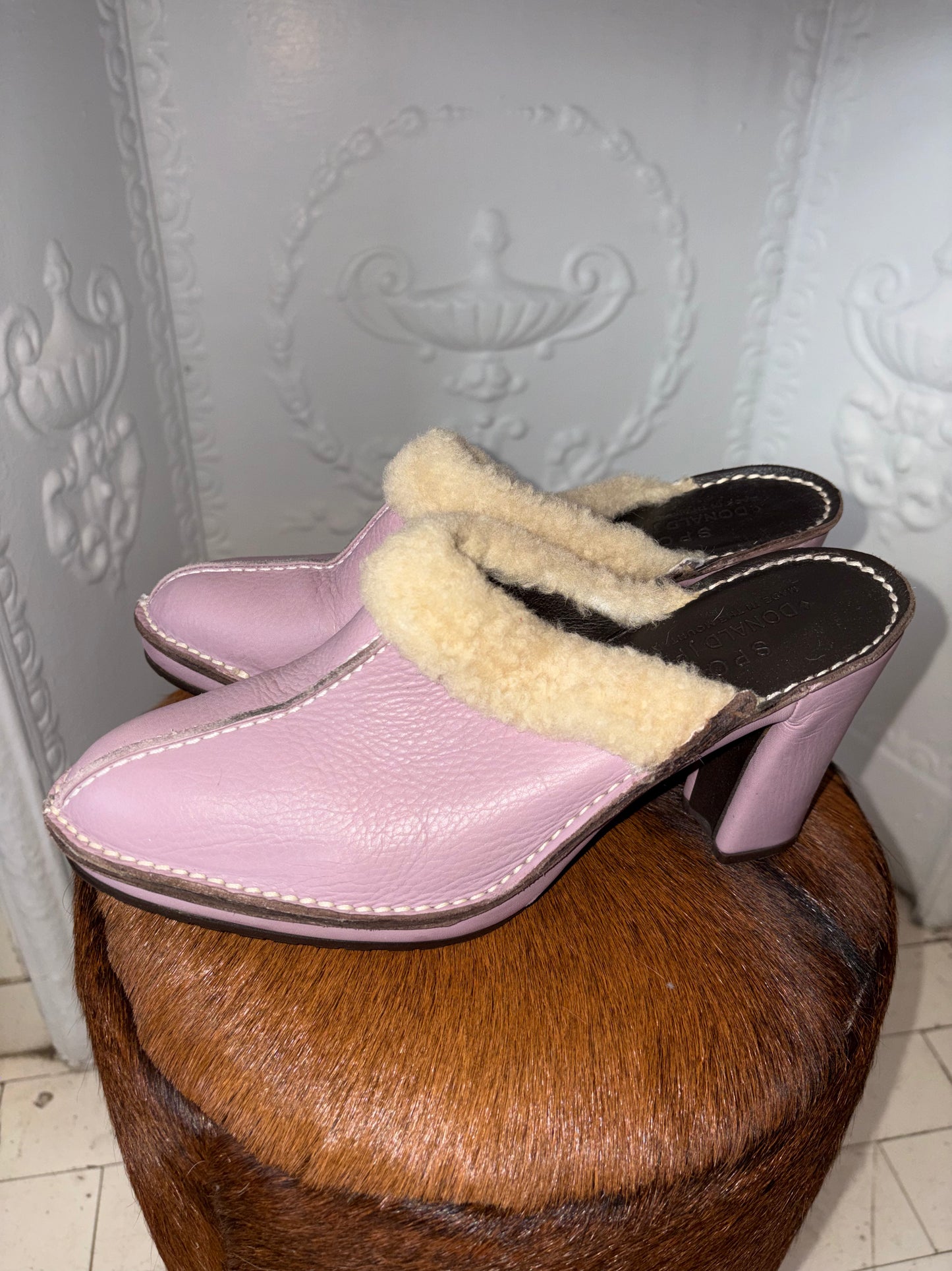 Vintage 90s Donald J Pliner Sport Lavender Leather & Shearling Mules – Made in Italy – Size 9