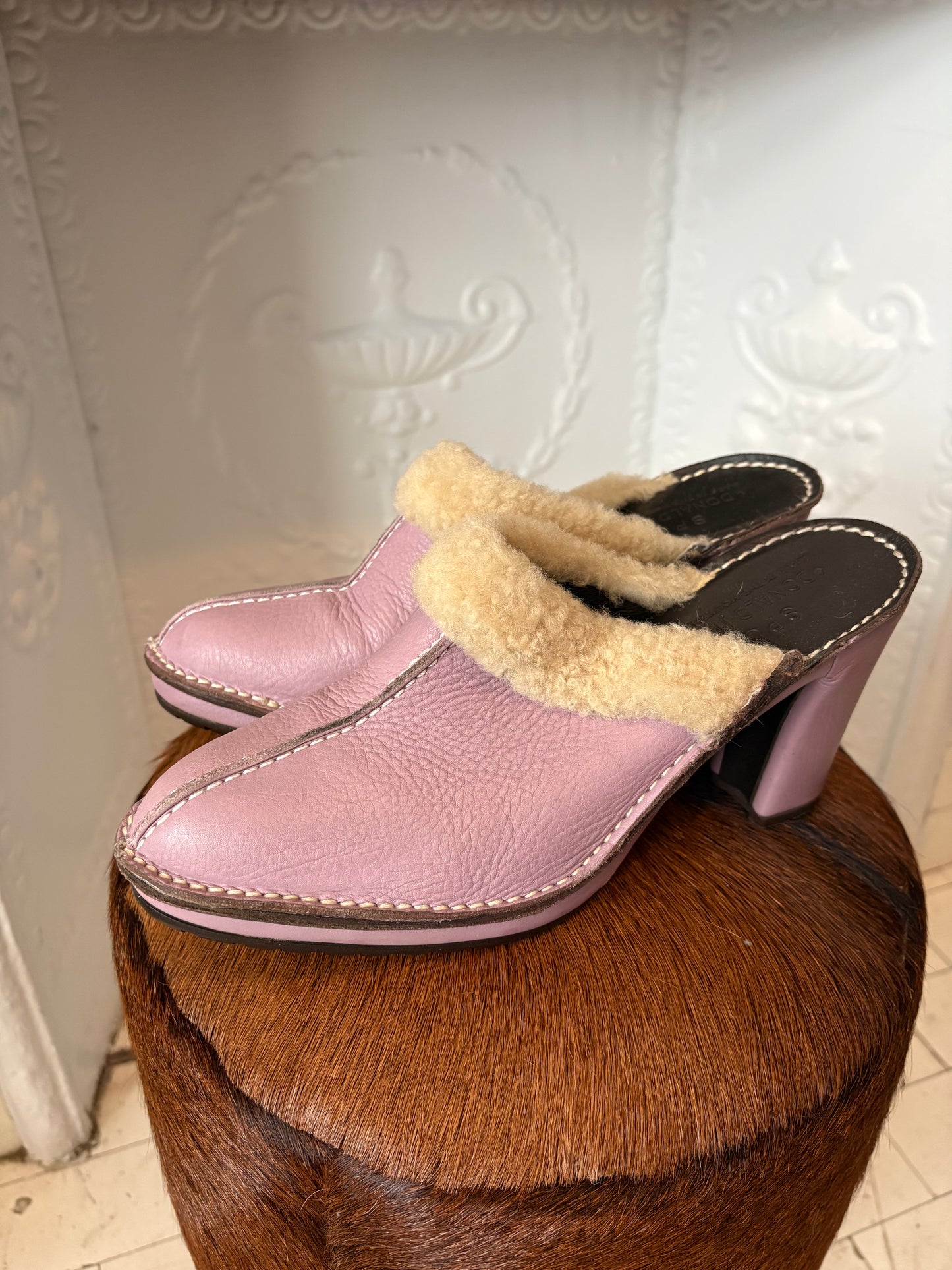 Vintage 90s Donald J Pliner Sport Lavender Leather & Shearling Mules – Made in Italy – Size 9