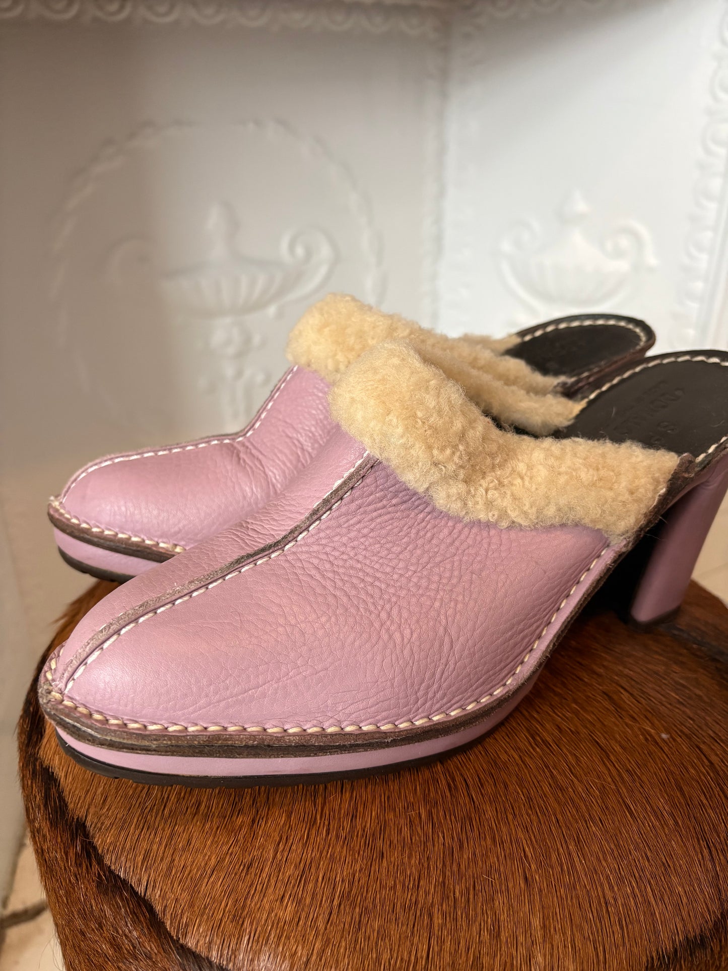 Vintage 90s Donald J Pliner Sport Lavender Leather & Shearling Mules – Made in Italy – Size 9