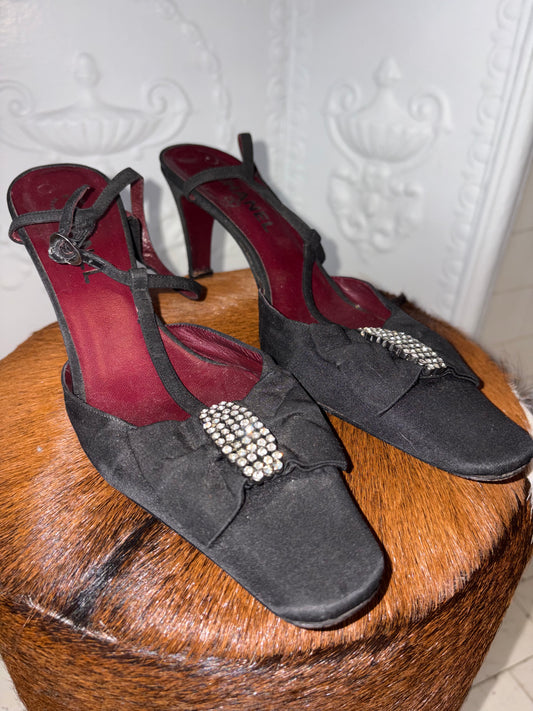 Vintage Chanel Black Satin Crystal Slingback Heels – Made in Italy – Size 40