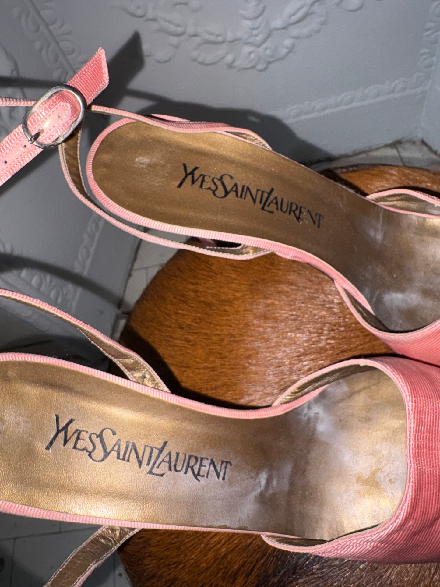 Vintage Yves Saint Laurent Pink Ribbed Satin Slingbacks – Gold Insole Size 9