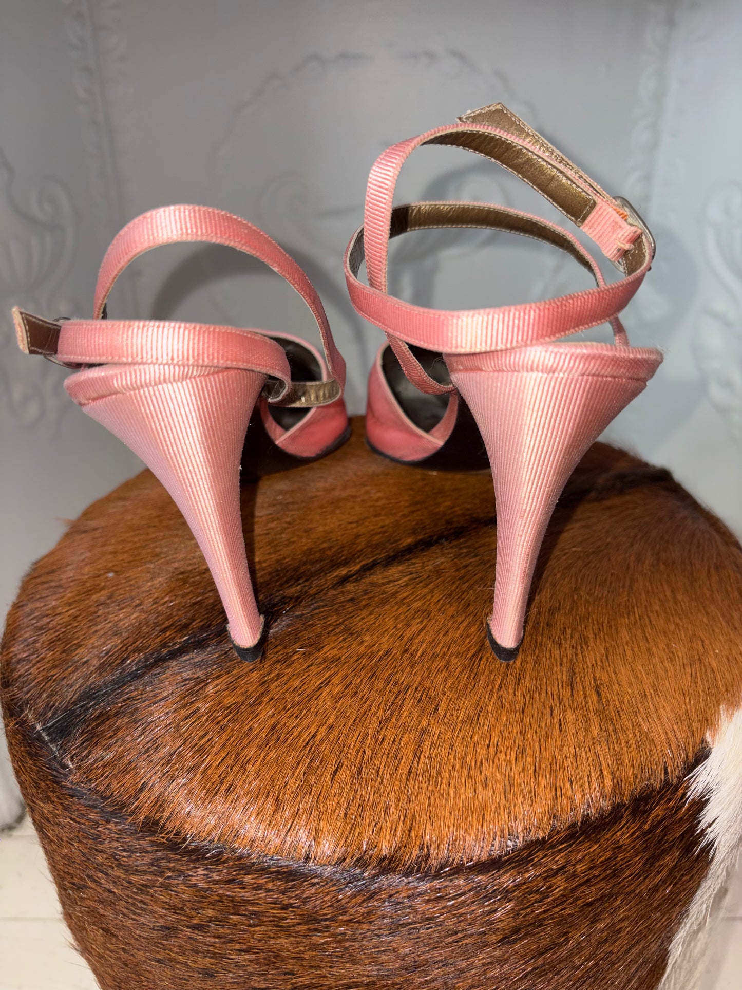 Vintage Yves Saint Laurent Pink Ribbed Satin Slingbacks – Gold Insole Size 9