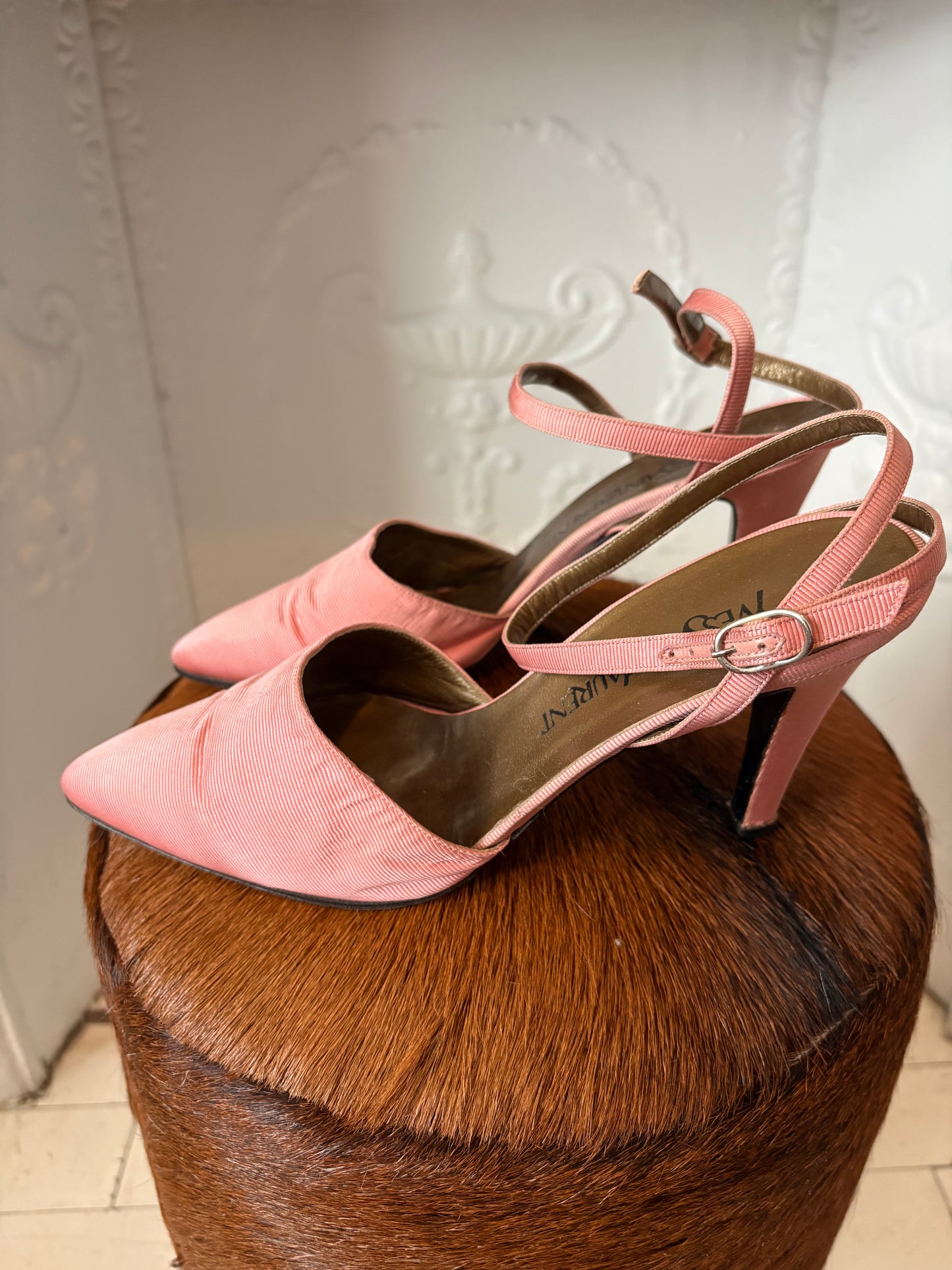 Vintage Yves Saint Laurent Pink Ribbed Satin Slingbacks – Gold Insole Size 9