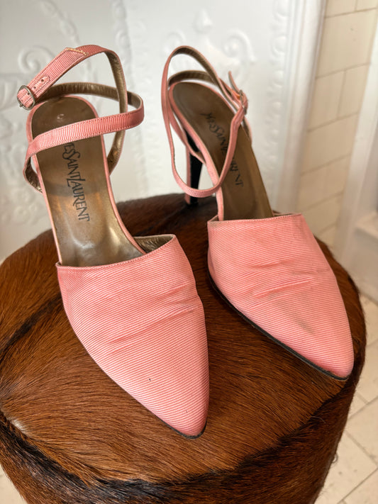 Vintage Yves Saint Laurent Pink Ribbed Satin Slingbacks – Gold Insole Size 9