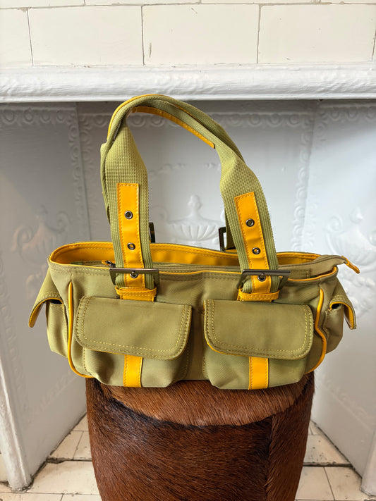 Vintage Barneys New York Utility Canvas Shoulder Bag – Y2K Olive and Yellow – Made in Italy