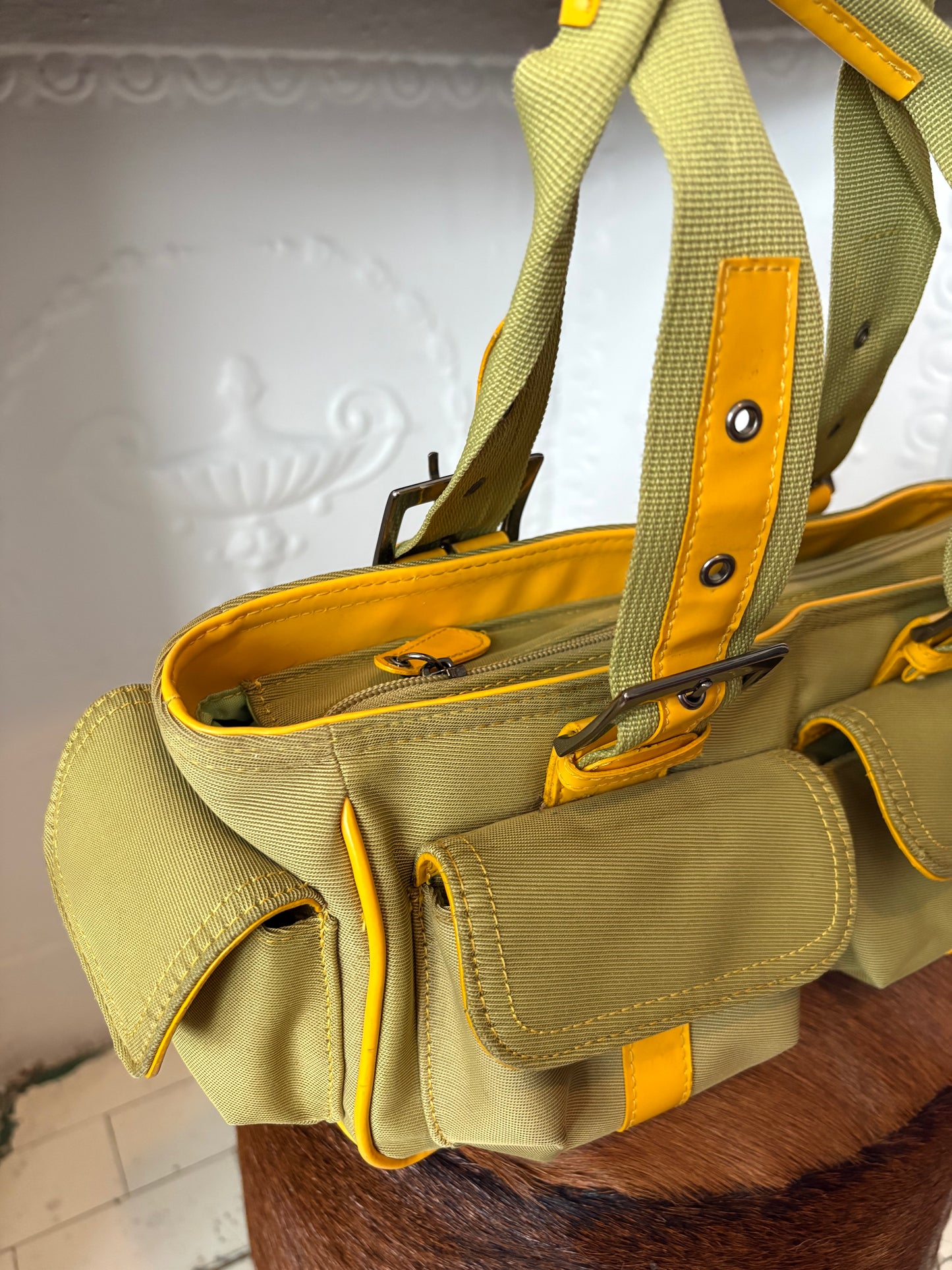 Vintage Barneys New York Utility Canvas Shoulder Bag – Y2K Olive and Yellow – Made in Italy