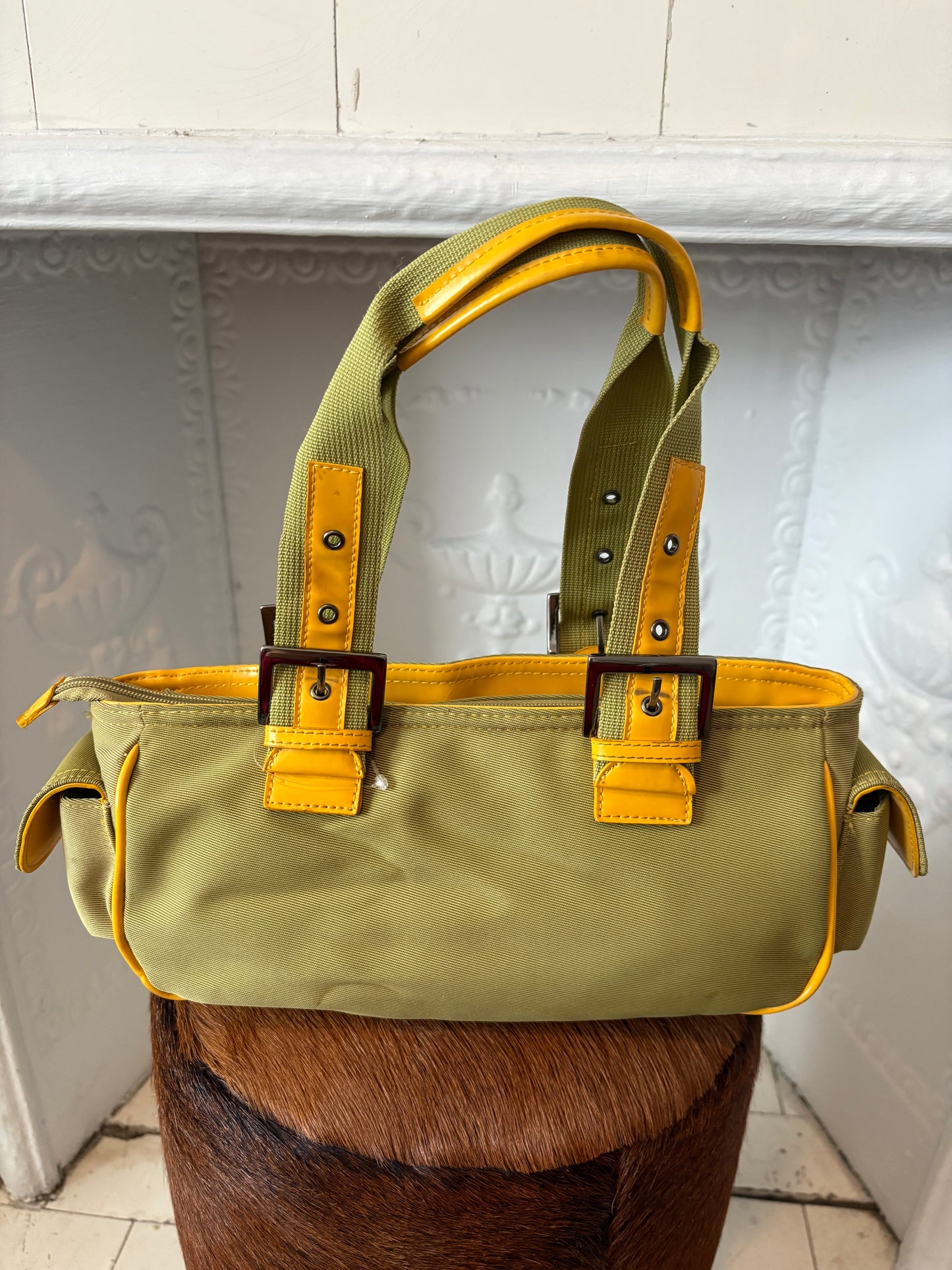 Vintage Barneys New York Utility Canvas Shoulder Bag – Y2K Olive and Yellow – Made in Italy