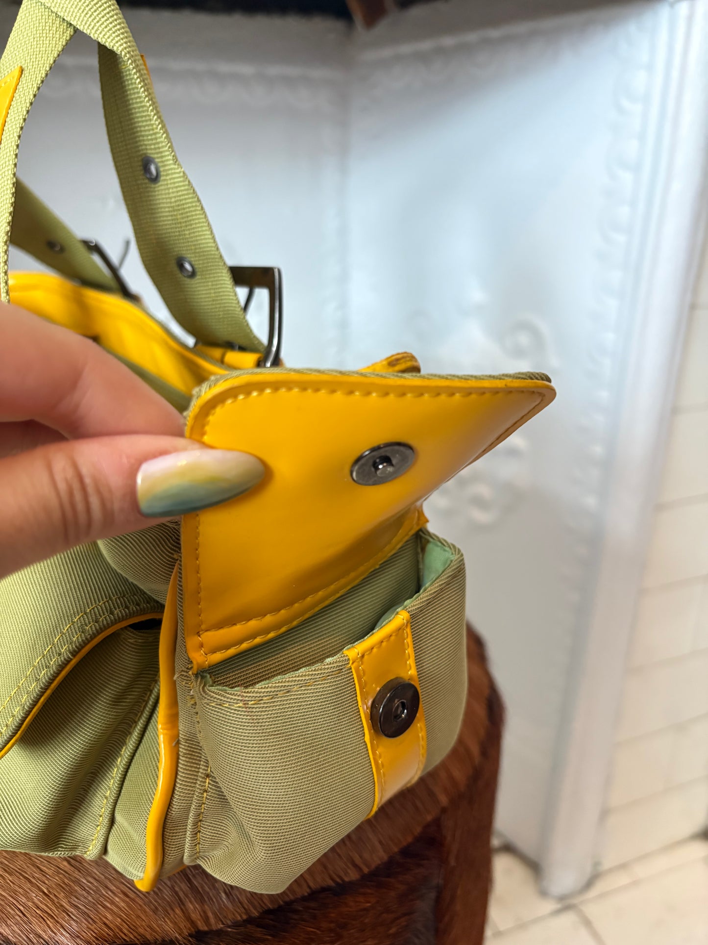 Vintage Barneys New York Utility Canvas Shoulder Bag – Y2K Olive and Yellow – Made in Italy