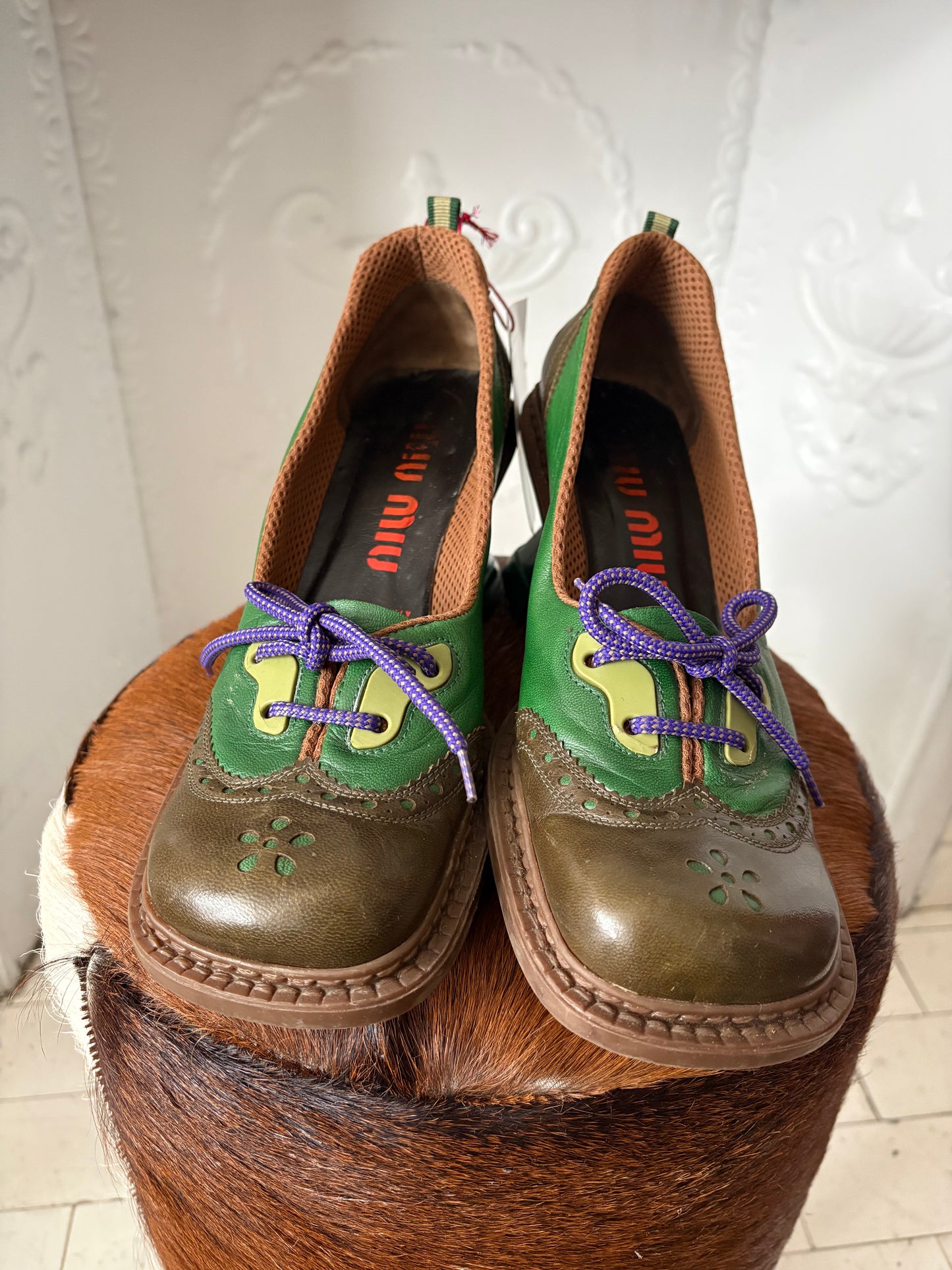 Archival 1999 Miu Miu Sport Heels – Green Colorblock Wingtip Leather Size 39