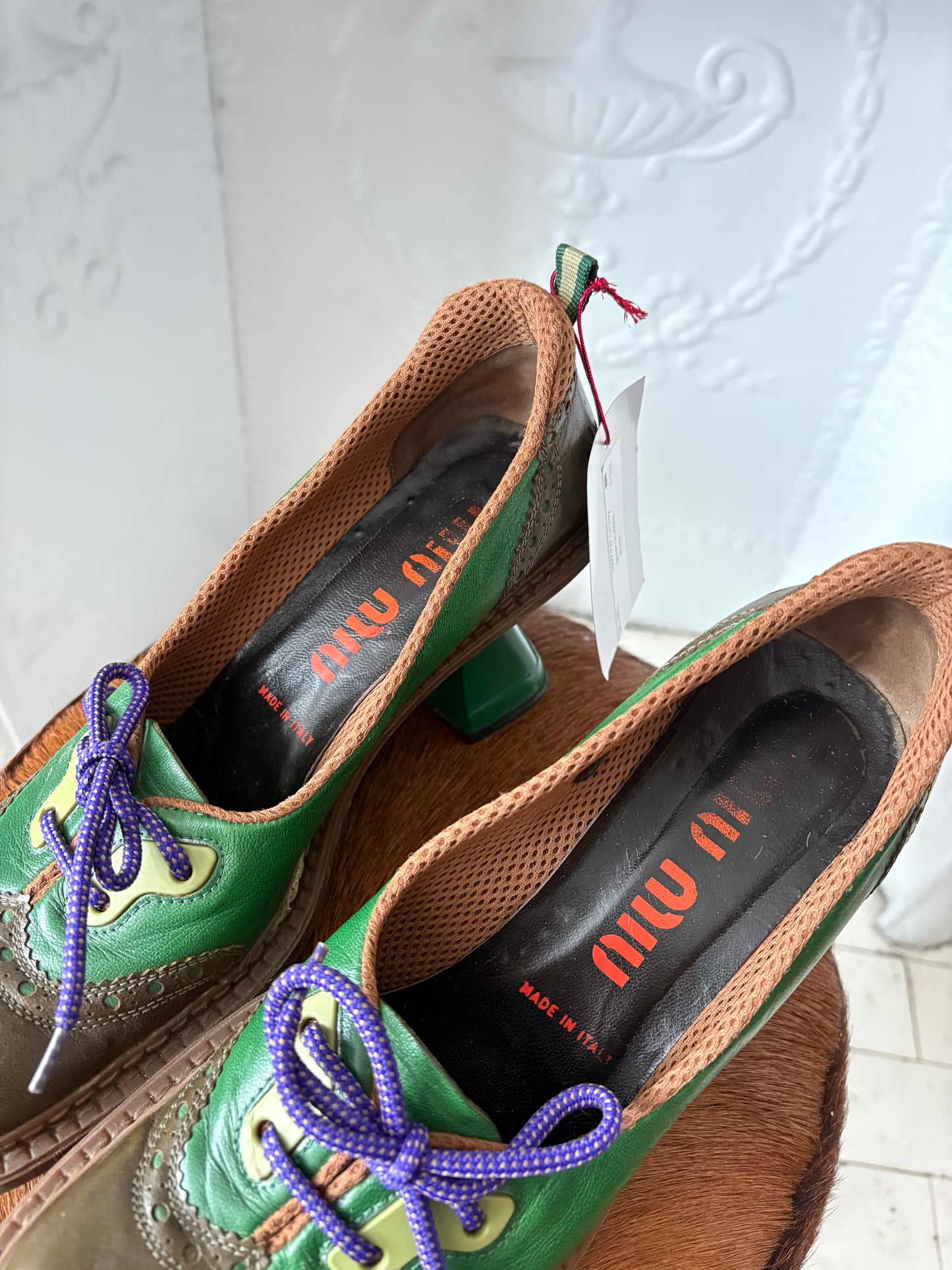 Archival 1999 Miu Miu Sport Heels – Green Colorblock Wingtip Leather Size 39