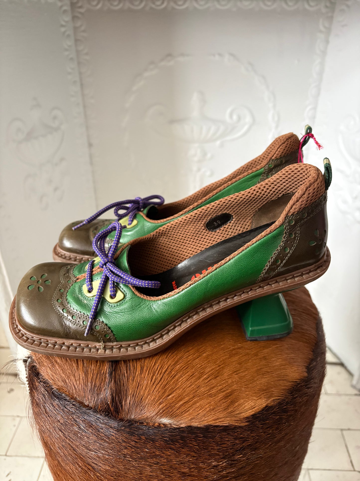 Archival 1999 Miu Miu Sport Heels – Green Colorblock Wingtip Leather Size 39