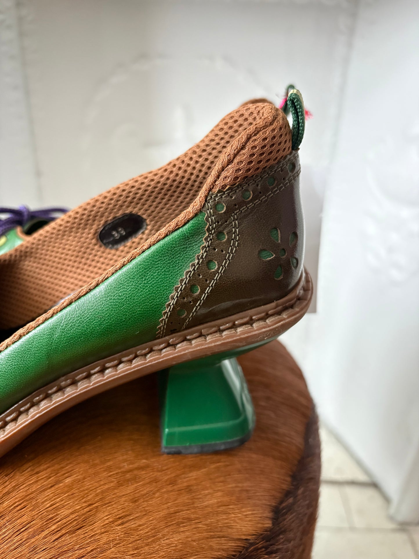 Archival 1999 Miu Miu Sport Heels – Green Colorblock Wingtip Leather Size 39