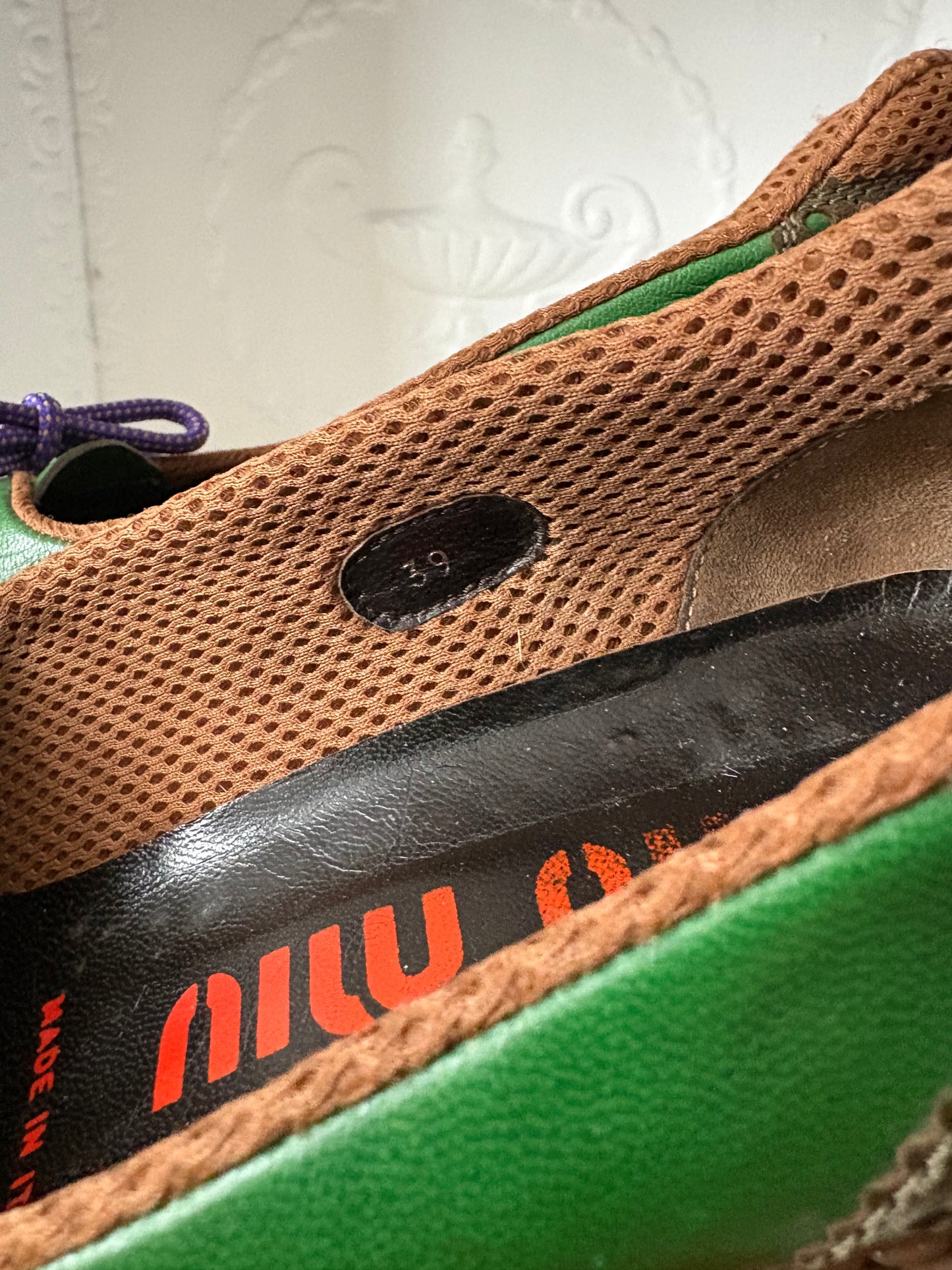 Archival 1999 Miu Miu Sport Heels – Green Colorblock Wingtip Leather Size 39