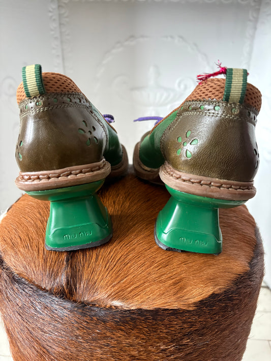 Archival 1999 Miu Miu Sport Heels – Green Colorblock Wingtip Leather Size 39
