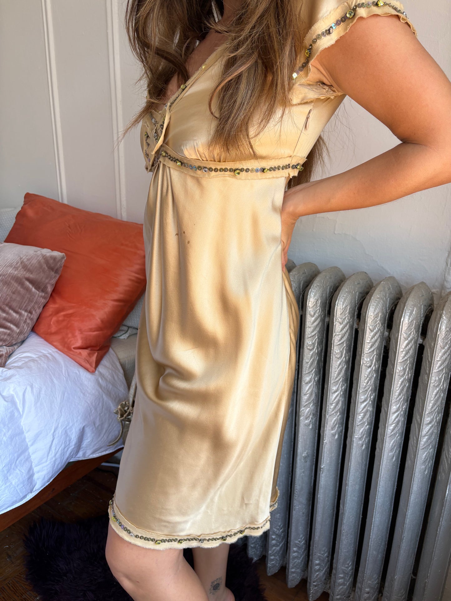 Moschino Cheap & Chic 90s Silk Gold Babydoll Dress