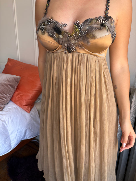 Jeff Gallano y2k silk bustier dress with feather trim