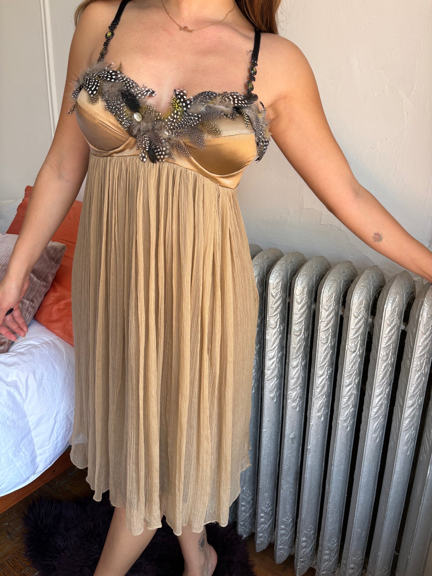 Jeff Gallano y2k silk bustier dress with feather trim