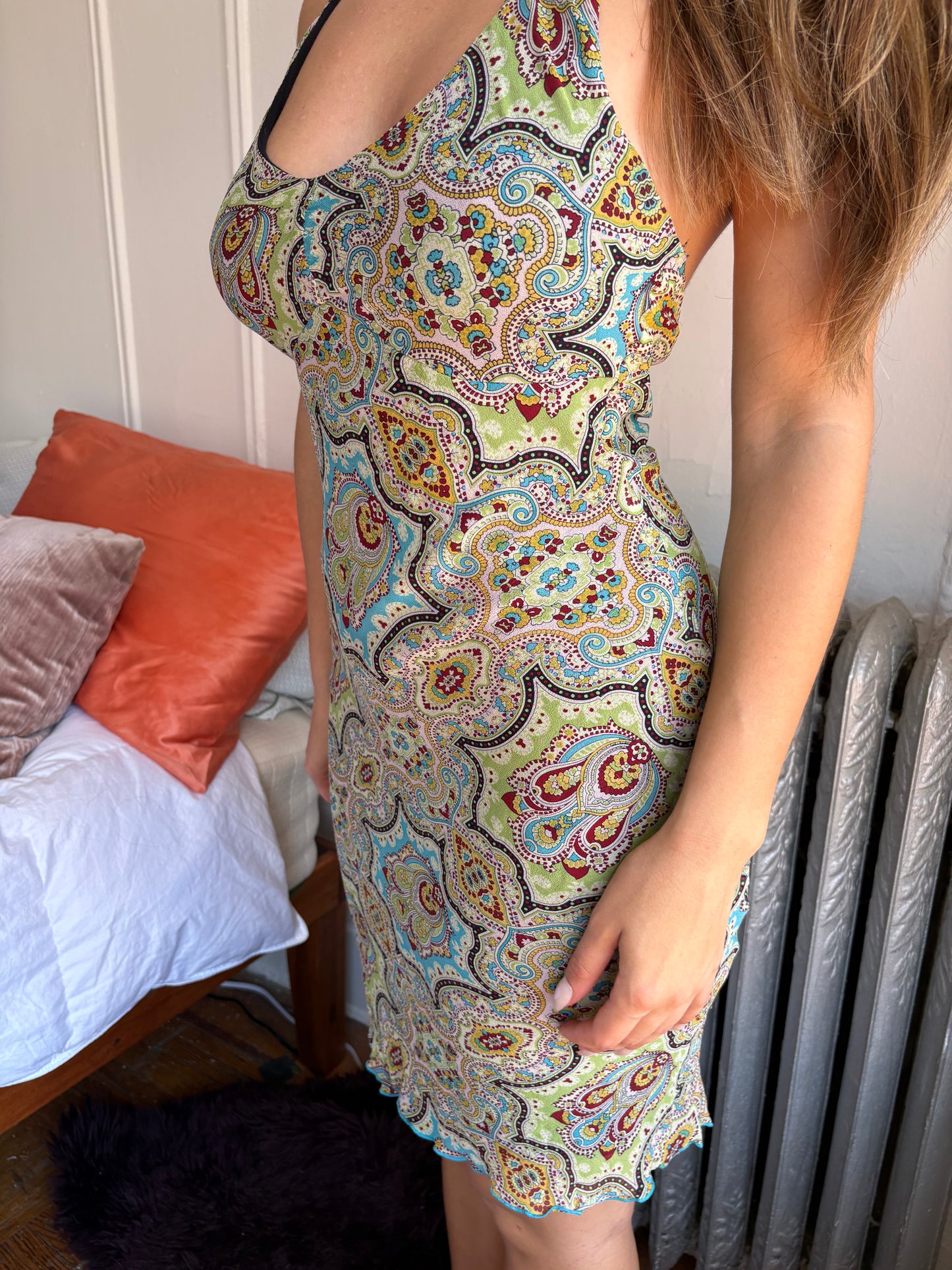 Bebe y2k paisley silk halter dress size small