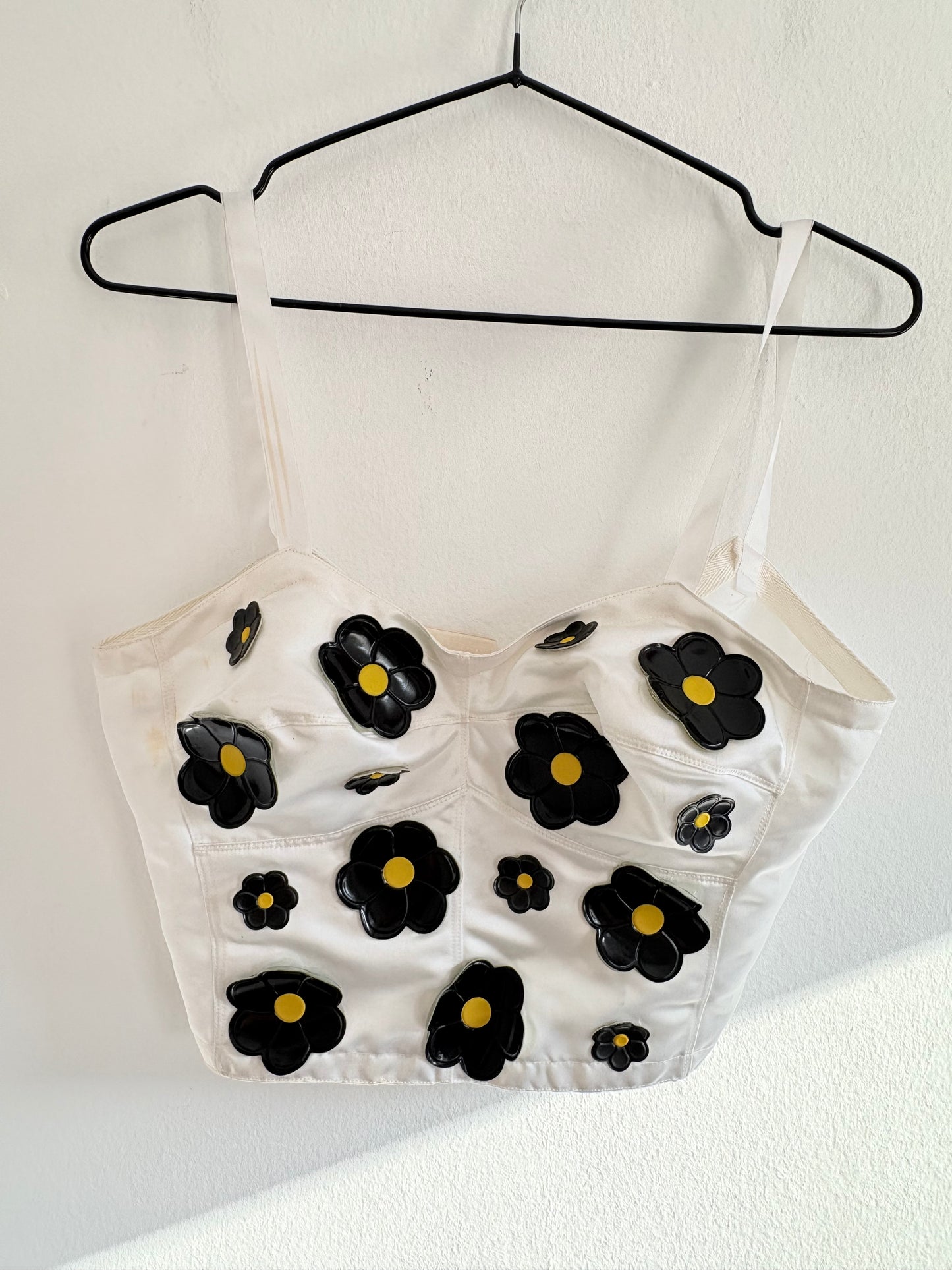 Rare 1980s Claudia Matano White Bustier Top With Black Patent Leather Flowers