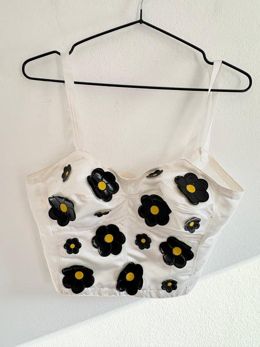 Rare 1980s Claudia Matano White Bustier Top With Black Patent Leather Flowers